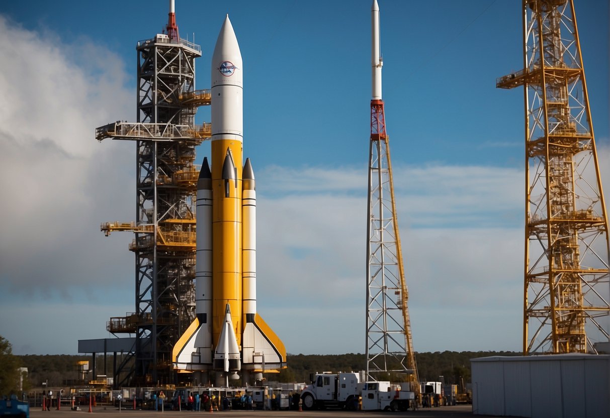 A rocket stands tall on the launch pad, surrounded by a flurry of activity. Technicians and engineers bustle about, preparing the spacecraft for its momentous journey into the unknown. The air crackles with anticipation as the countdown to launch begins