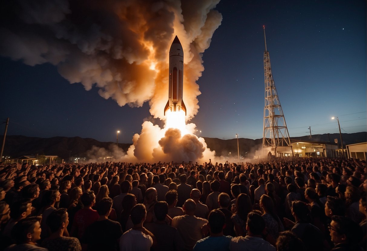 A rocket launches into the night sky, surrounded by a crowd of onlookers. The glowing flames and billowing smoke create a dramatic and awe-inspiring scene