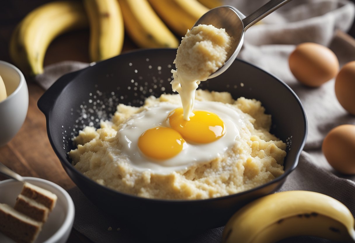 Ripe bananas being mashed in a mixing bowl. Flour, sugar, and eggs being added. Batter being poured into a loaf pan and placed in the oven