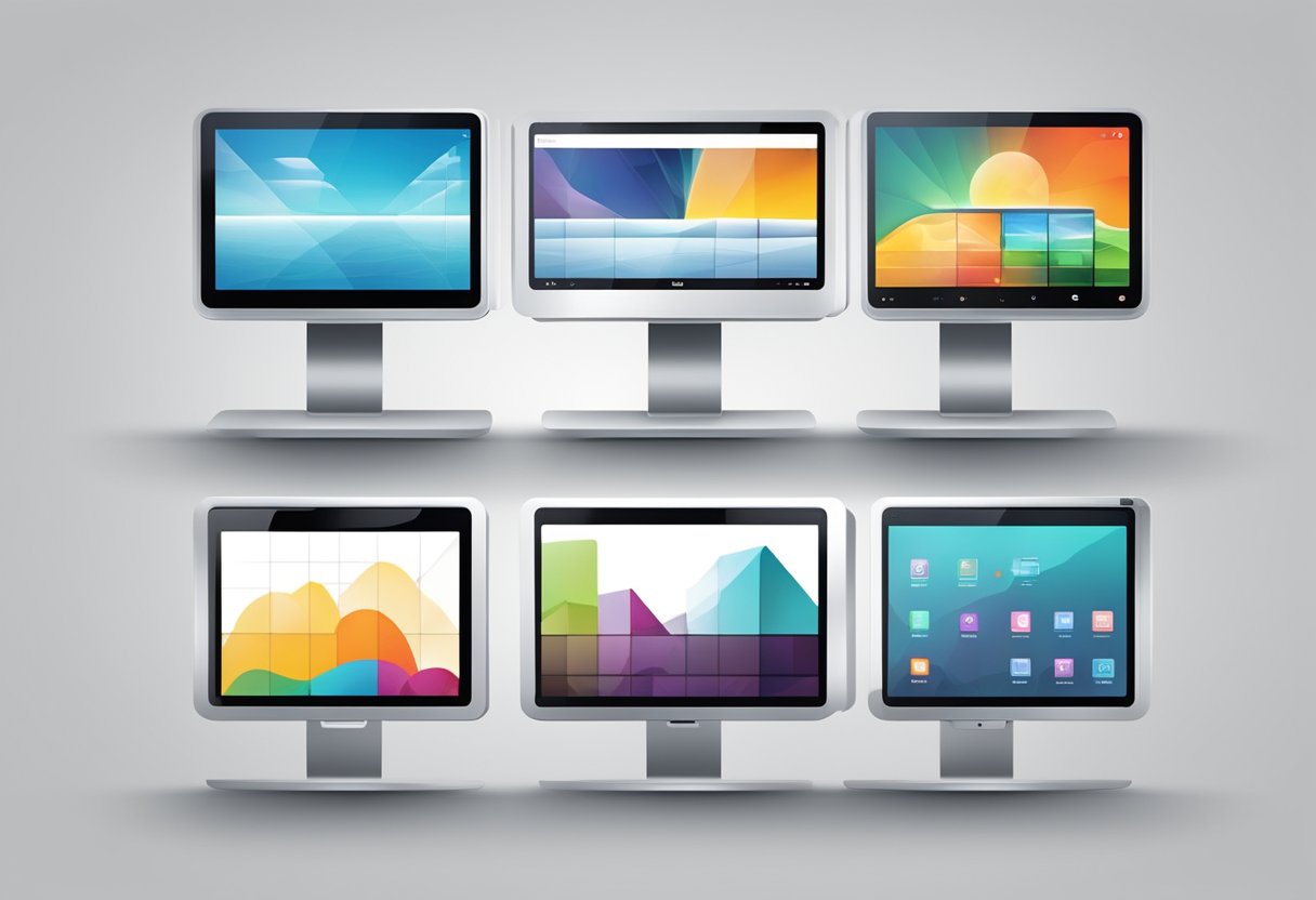 A row of 12" LCD touch screens arranged in a grid pattern, displaying various colorful images and icons. The screens are sleek and modern, with minimal bezels and a glossy finish