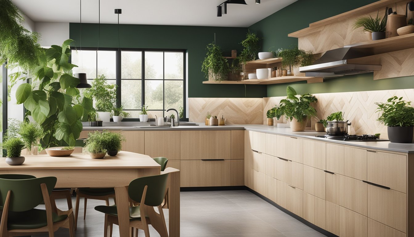 A Modern Kitchen With Plywood Cabinets, Natural Lighting, And Green Plants
