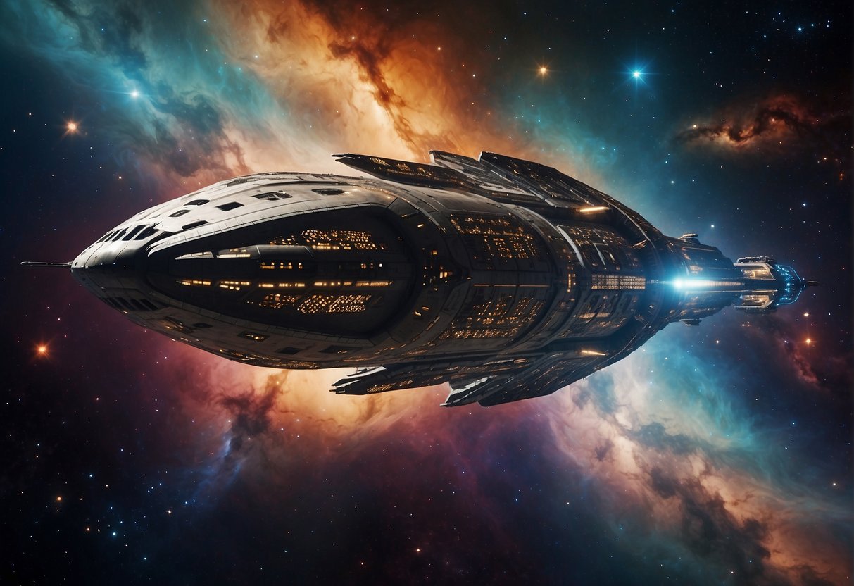 A spaceship drifts through a stunning nebula, surrounded by swirling clouds of colorful gas and bright stars. The ship's sleek design and advanced technology convey the awe and wonder of interstellar travel