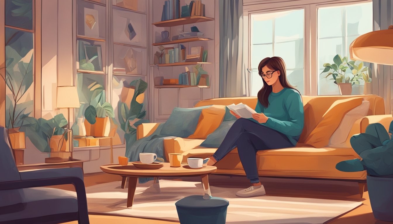 A person sitting in a cozy, comfortable space, with a warm cup of tea, listening attentively to someone sharing their thoughts and feelings