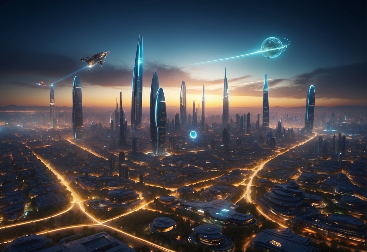 In a futuristic city, holographic displays and advanced technology fill the skyline. Spaceships soar through the air, while alien creatures and otherworldly landscapes add to the otherworldly atmosphere