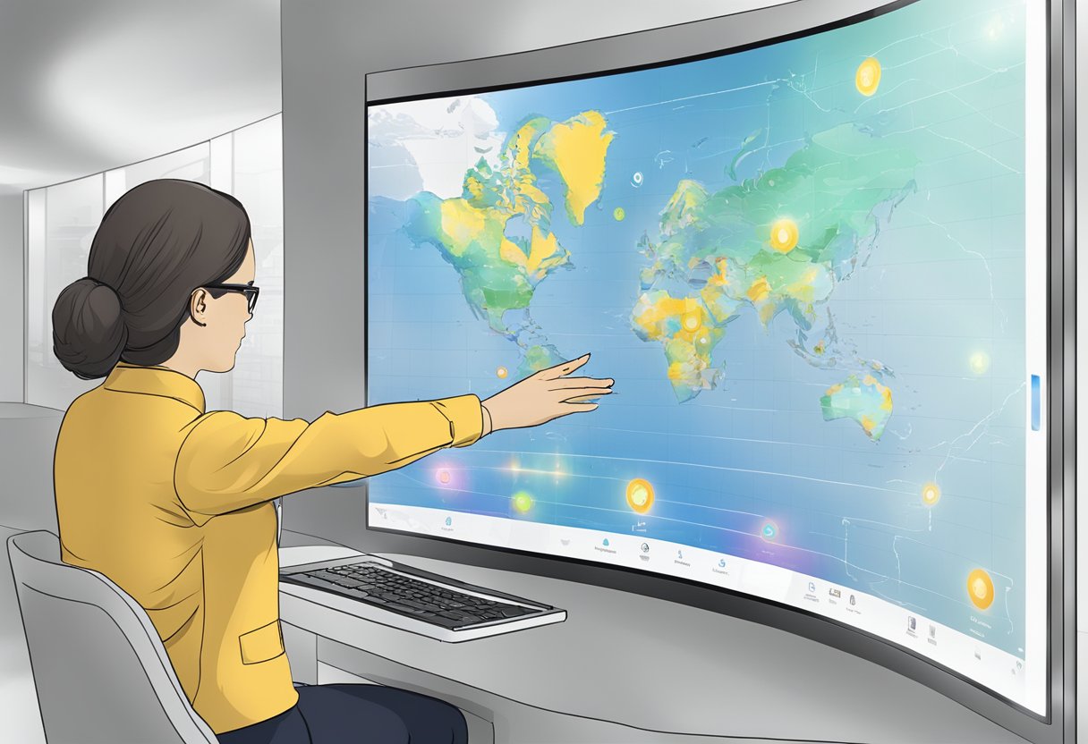 A multi-touch LCD screen displaying interactive content with multiple touch points being used simultaneously