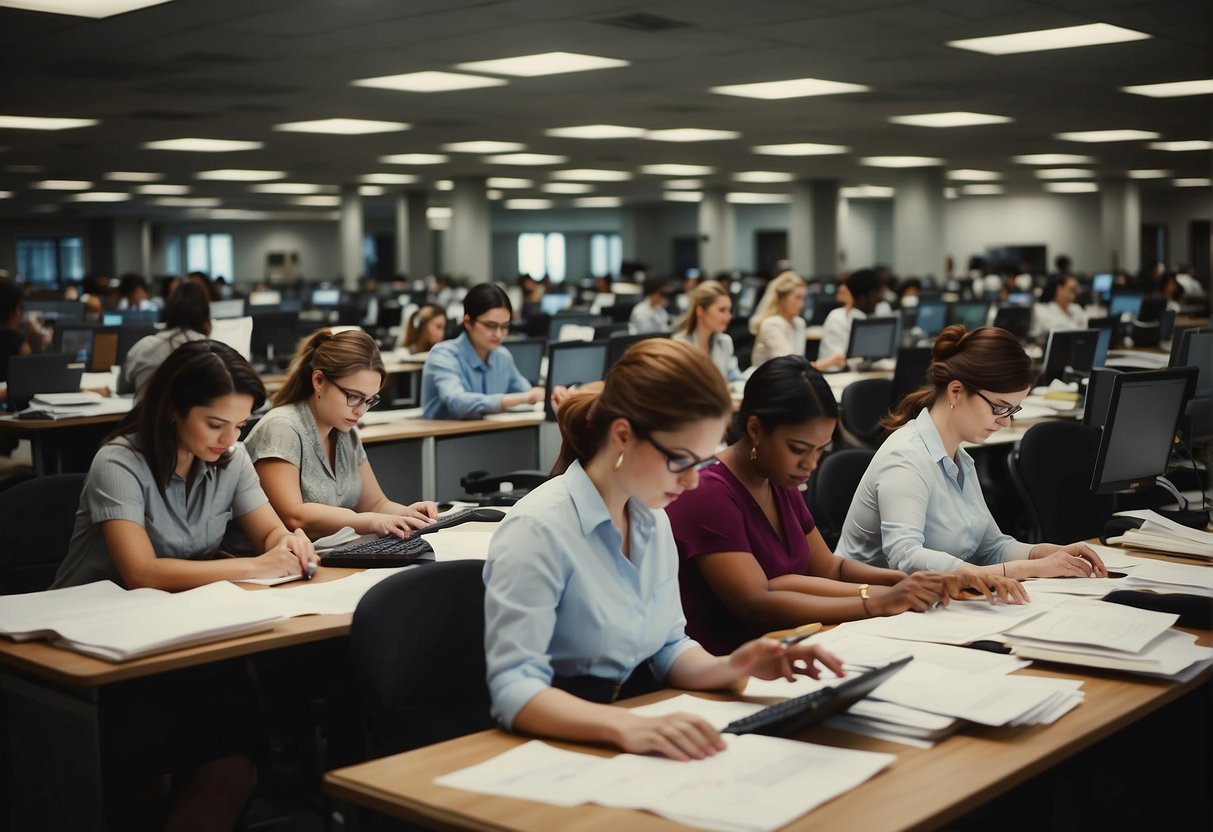 Hidden Figures - A group of women work diligently at their desks, surrounded by towering computers and stacks of paper. The room is filled with the hum of machinery and the focused chatter of the women as they make groundbreaking calculations