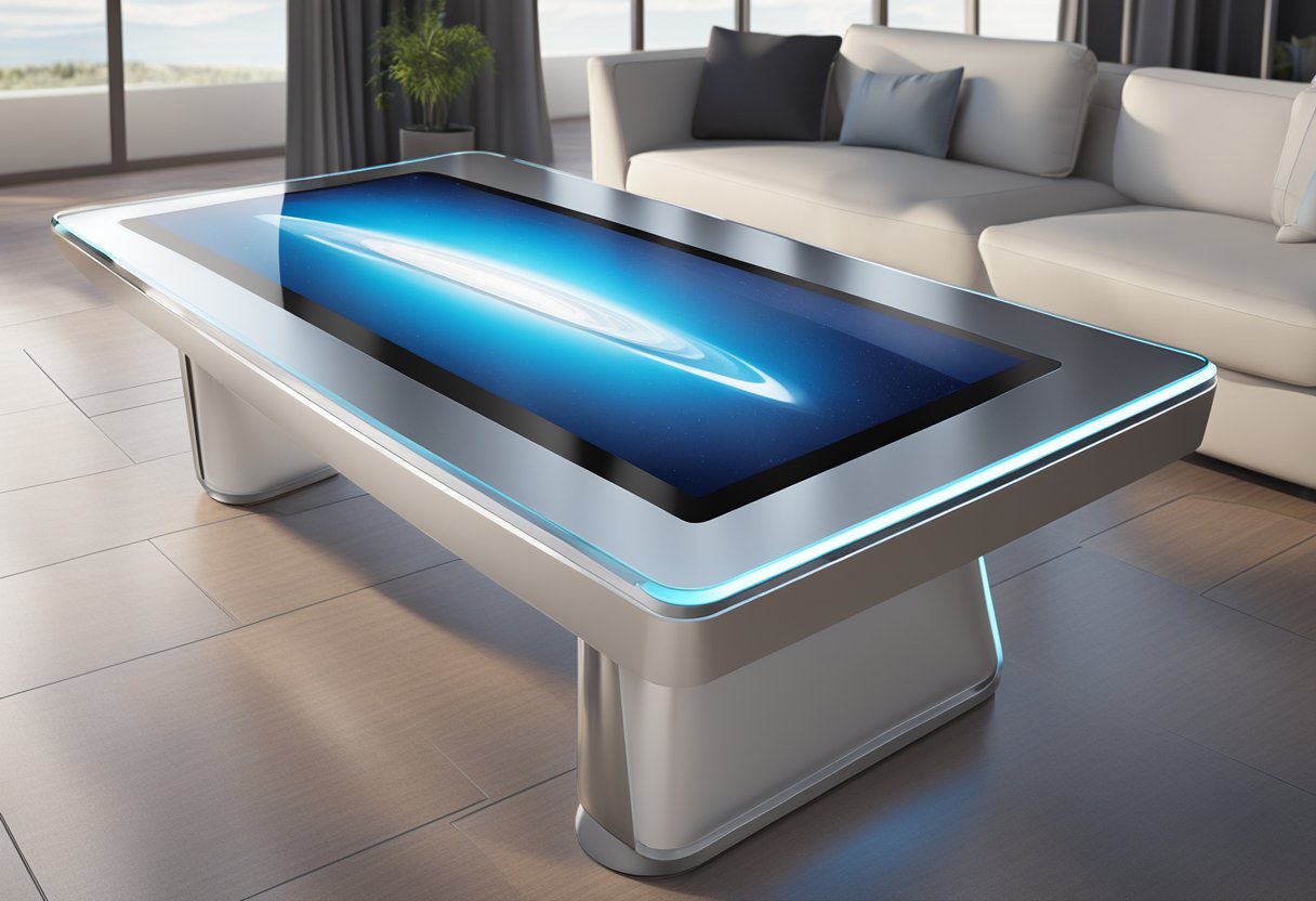 A sleek, modern table with a large LCD touch screen embedded in the surface. The screen displays a clean and user-friendly interface