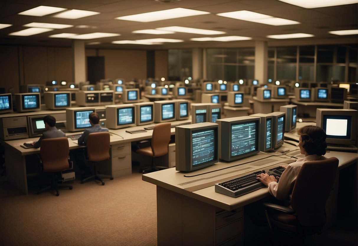A room filled with vintage computers and stacks of papers, with the glow of screens illuminating the determined faces of the space computing pioneers