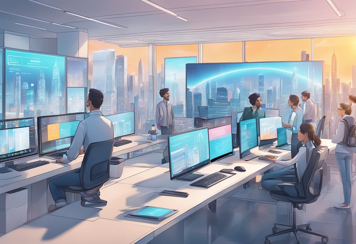 A futuristic city skyline with AI-powered billboards and robotic copywriting assistants collaborating in a sleek office environment