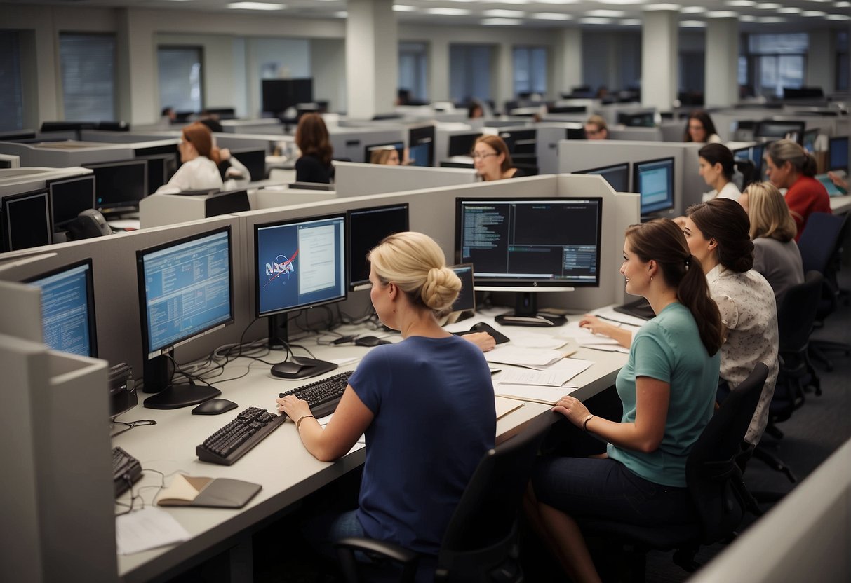 A group of women work in a bustling NASA office, surrounded by stacks of papers and computers, as they make groundbreaking contributions to space computing