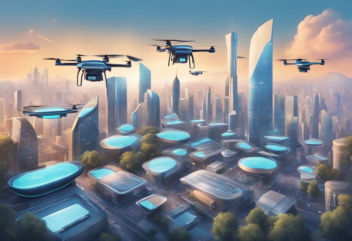 A futuristic city skyline with AI-powered billboards and drones, surrounded by legal documents and regulatory guidelines