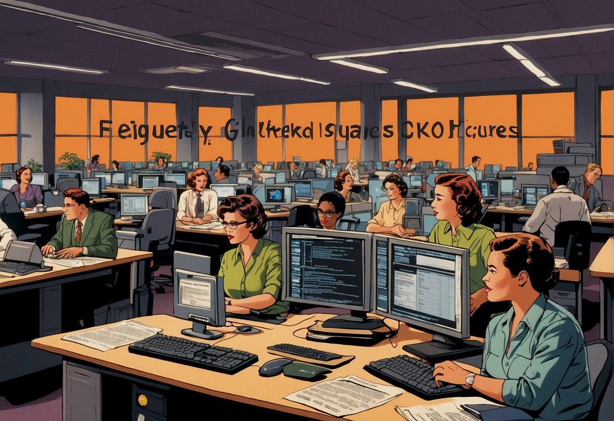 A group of women working at desks, surrounded by stacks of papers and computers, with a large sign reading "Frequently Asked Questions Hidden Figures Unveiled: The Untold Stories of Space Computing" displayed prominently in the background