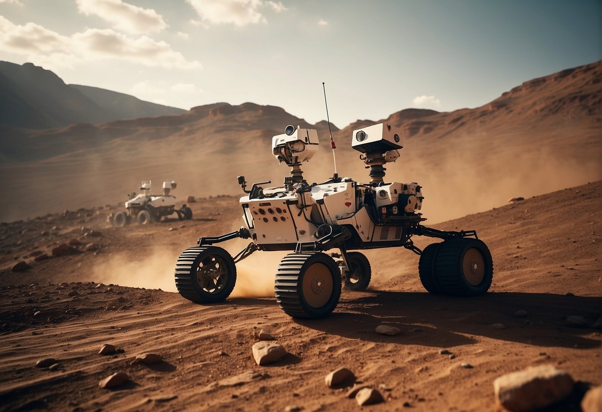 The Martian Chronicles - Mars rovers traverse the dusty terrain, collecting data and transmitting back to Earth. Their tire tracks crisscross the landscape, leaving a trail of exploration and discovery