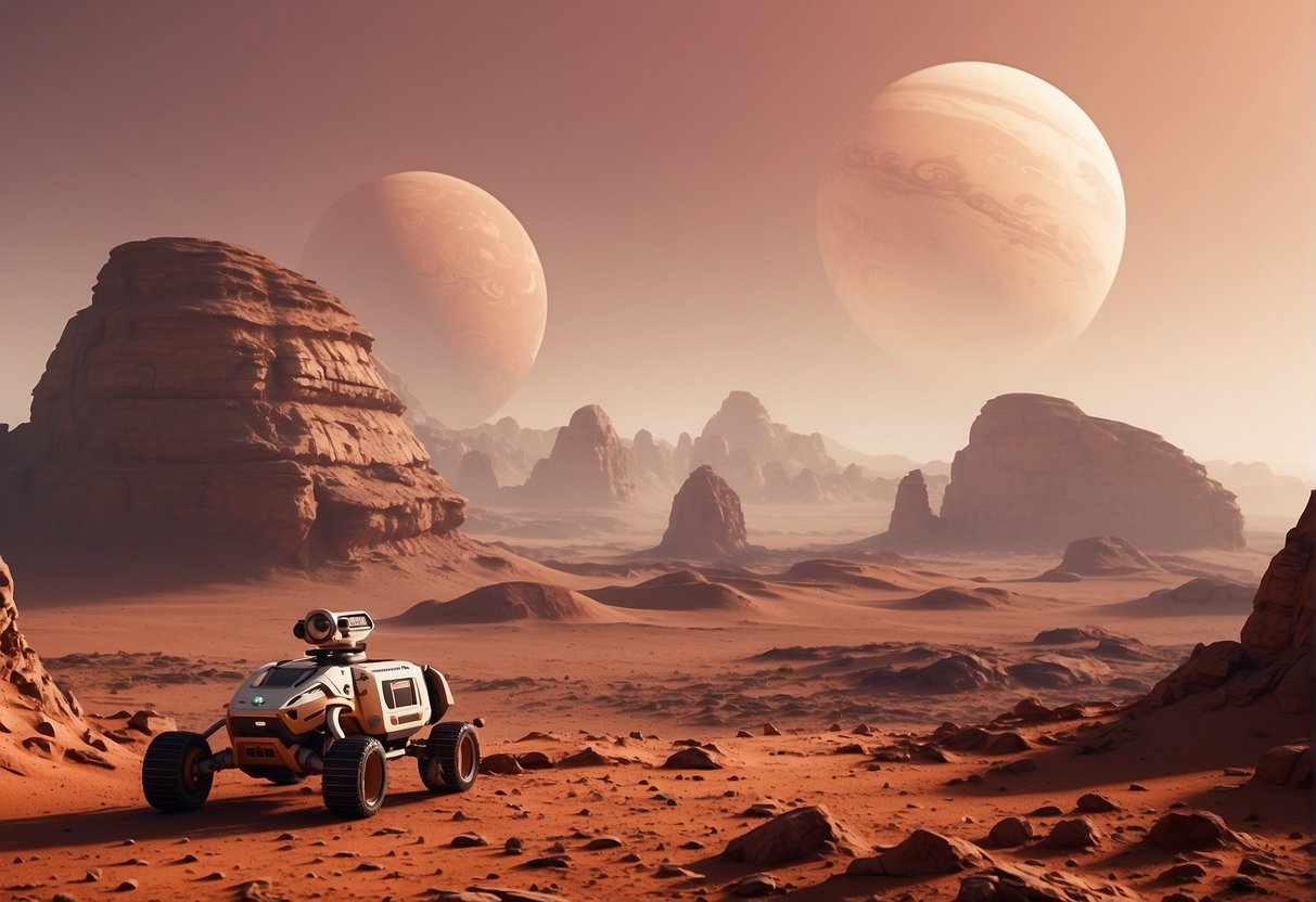 A red planet landscape with futuristic rovers exploring the Martian terrain, with towering rock formations and a hazy pink sky in the background