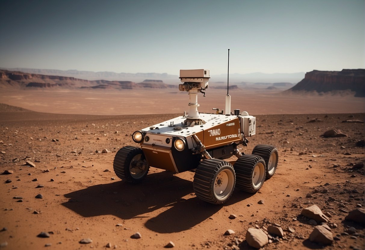 Mars rovers traverse the desolate, rust-colored landscape, collecting data and sending it back to Earth. The eerie silence is broken only by the whirring of their wheels and the occasional gust of wind