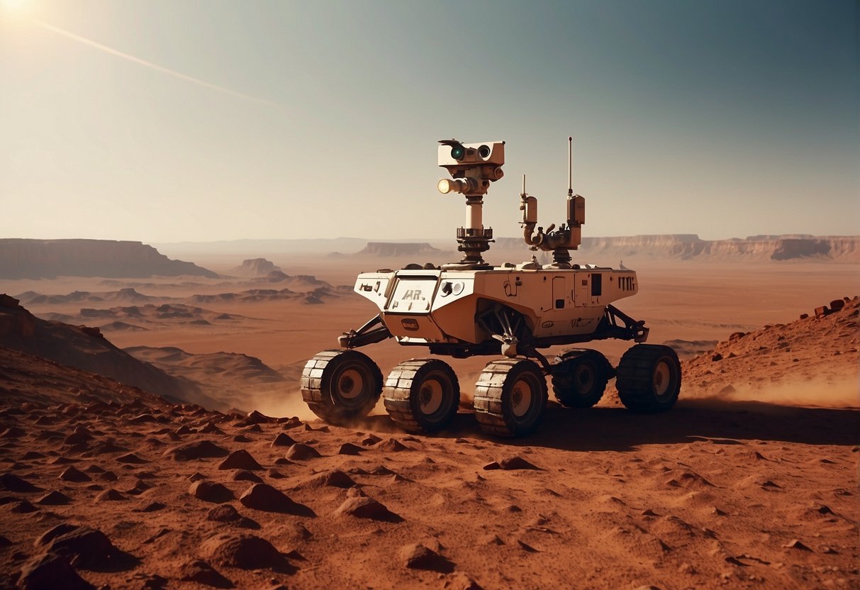Mars rovers traverse the dusty red landscape, collecting samples and transmitting data back to Earth. A towering Martian city looms in the distance, hinting at the future of human exploration
