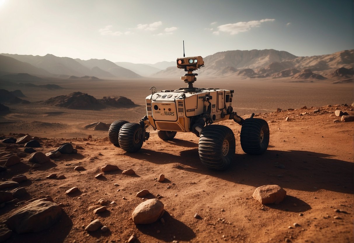 Mars rovers traverse the dusty, barren landscape, collecting data and transmitting signals back to Earth. The red planet looms in the background, with its rocky terrain and towering mountains