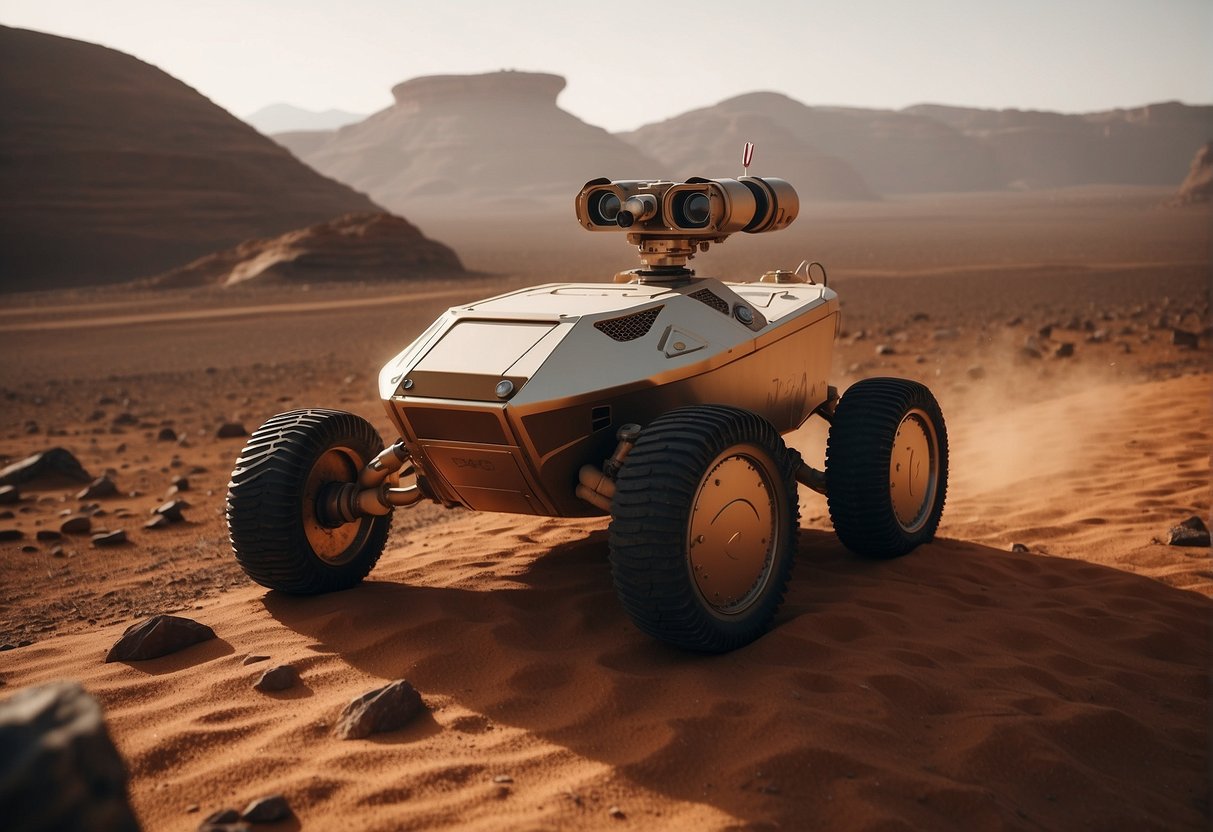 Mars rovers explore the red planet, leaving tracks in the dusty terrain. A futuristic landscape with rocky formations and a distant view of the Martian horizon