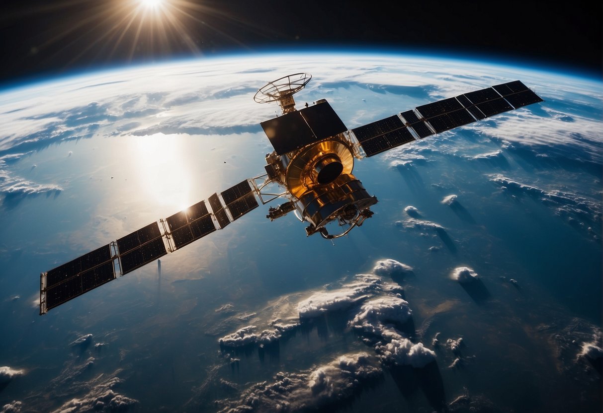 A satellite hovers above Earth, its sleek metallic body reflecting the first light of dawn. Its powerful lenses and sensors ready to capture images and data from the world below