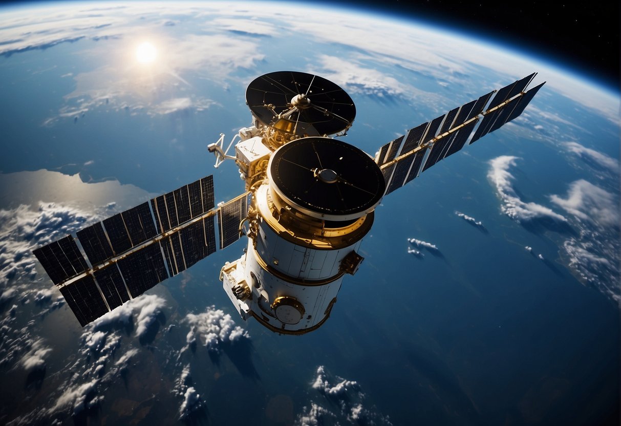 A sleek reconnaissance satellite orbits high above the Earth, its advanced technology scanning and capturing images of the planet below, sparking intrigue and espionage
