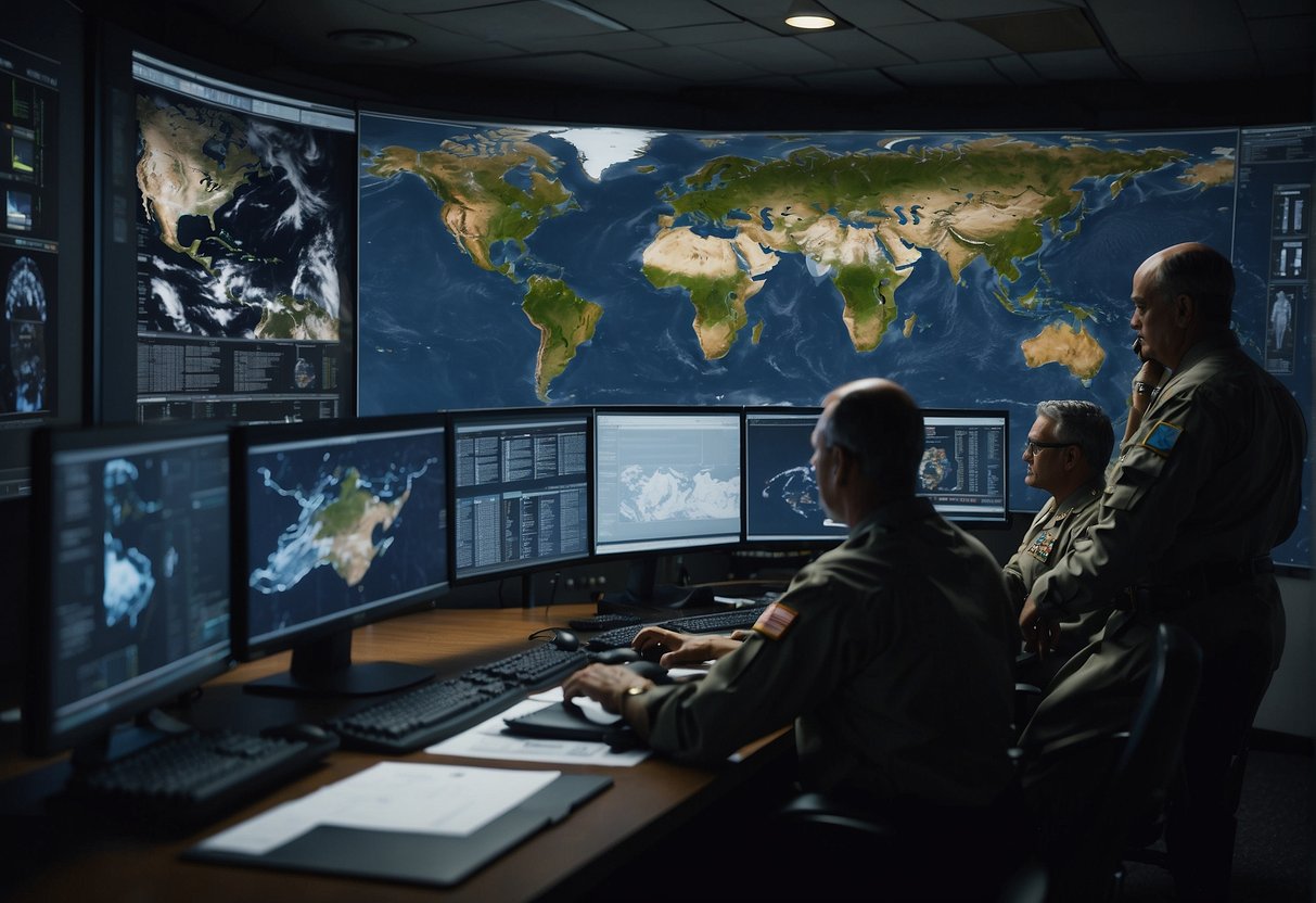 A group of military strategists analyze satellite images in a war room, plotting their next move based on the information gathered from the spy satellites