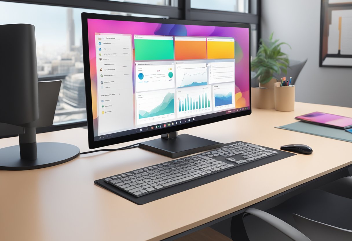 A sleek HDMI touch display sits on a modern desk, with cables neatly organized. The screen shows a vibrant and responsive touch interface