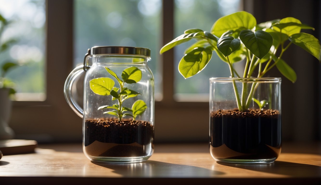 A coffee plant cutting is placed in a glass of water, with roots starting to grow.

A small pot of soil, a watering can, and a pair of gardening gloves are nearby