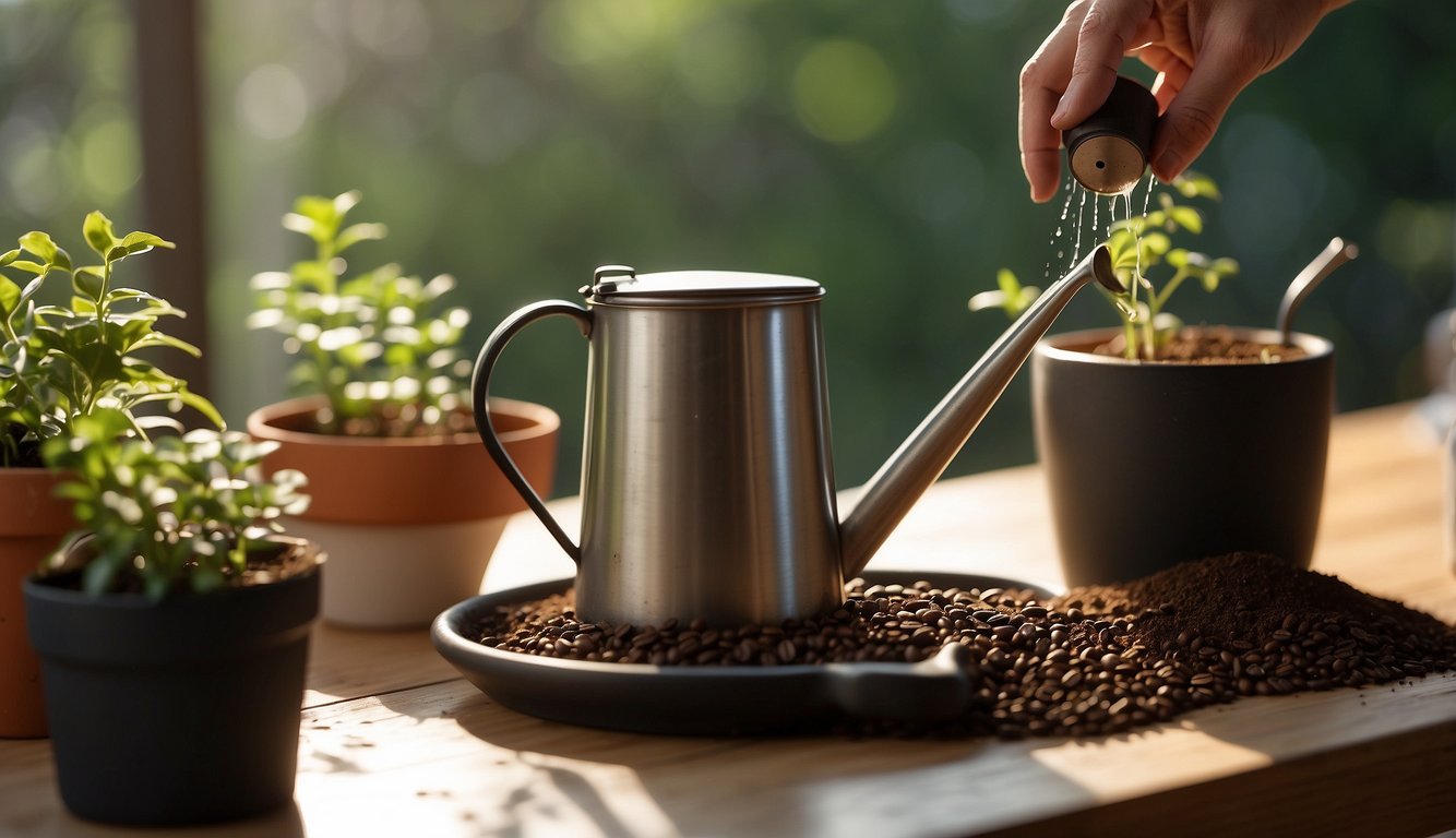 Lined up pots, soil, and coffee seeds on a table.

A hand holding a watering can pours water onto the soil. Sunlight streams through a nearby window