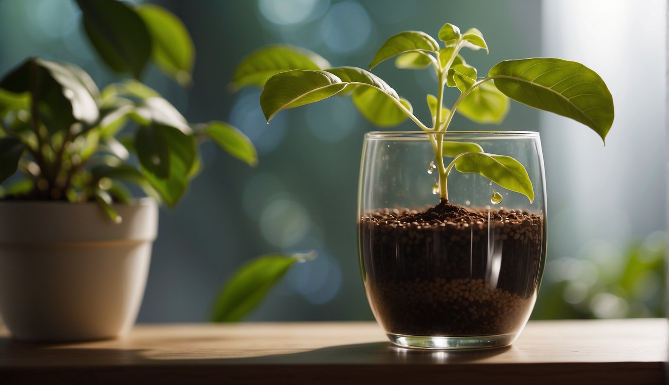 A coffee plant cutting is placed in a glass of water, roots beginning to form.

A small pot filled with rich soil sits nearby, ready to receive the new plant