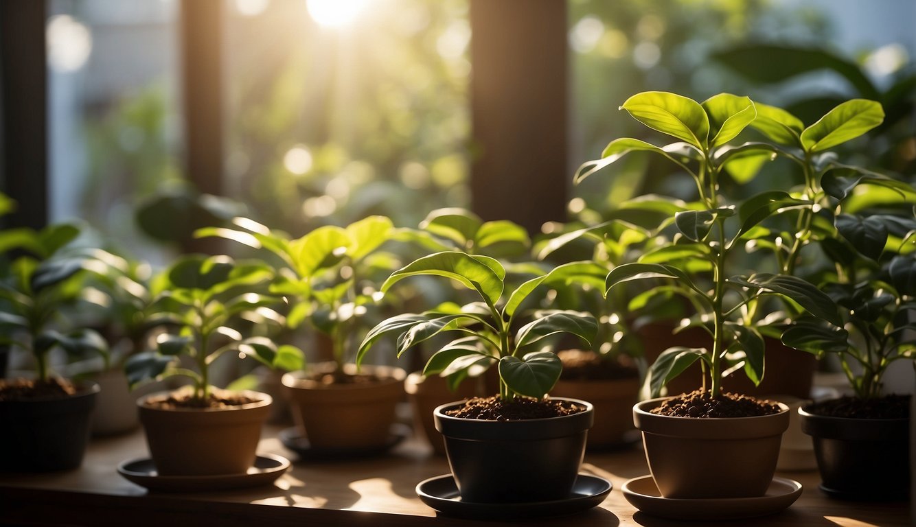 Lush coffee plants surround a simple propagation setup, with clear step-by-step instructions displayed nearby.

Sunlight streams in through a nearby window, casting a warm glow over the scene