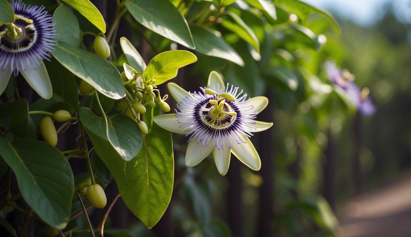 Passion flower vine twines around a trellis, delicate tendrils reaching out.

Bright, intricate blooms adorn the vine, drawing in pollinators with their vibrant colors and sweet scent