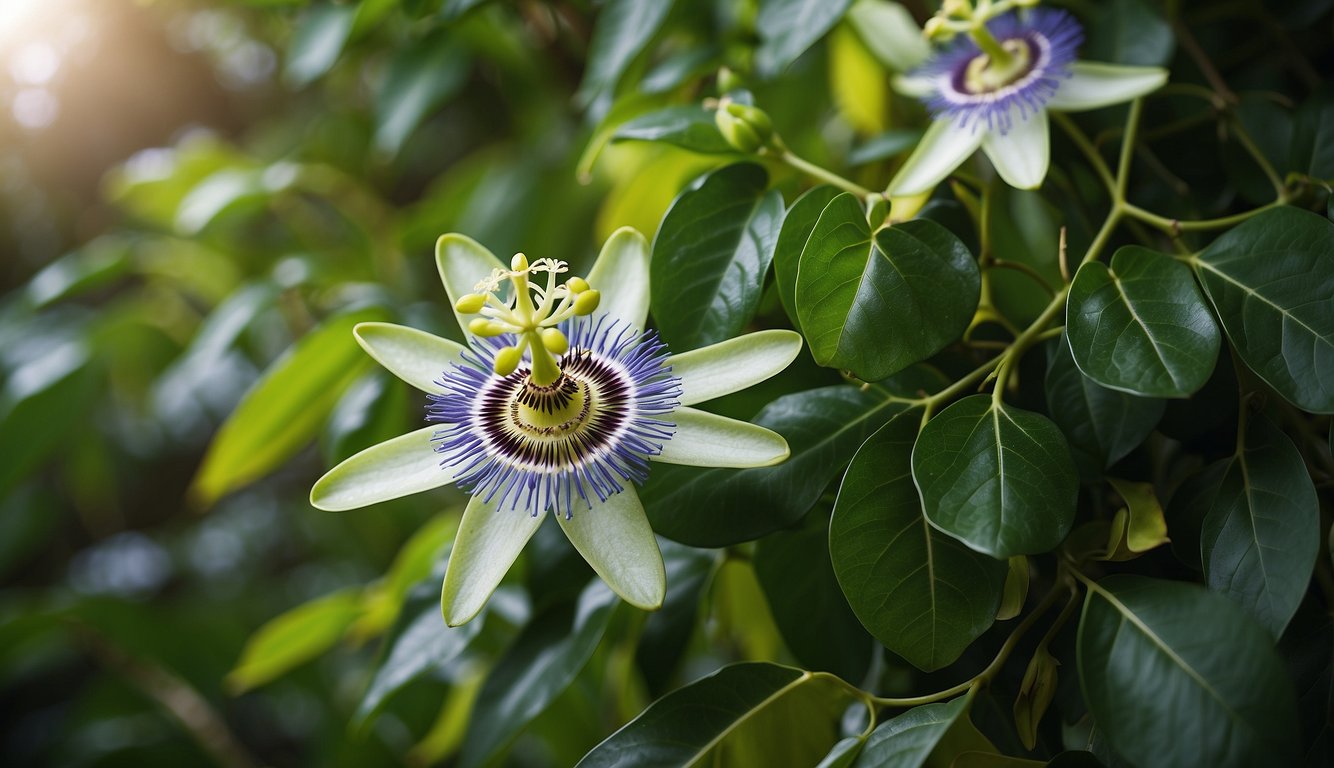 Lush green leaves surround a delicate, intricate passion flower vine.

Bright, colorful blooms stand out against the foliage, drawing the eye to their unique, exotic beauty