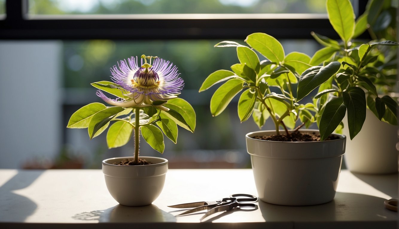 A hand holding a small pot with a passion flower cutting, a pair of gardening scissors, and a container of rooting hormone on a sunny windowsill