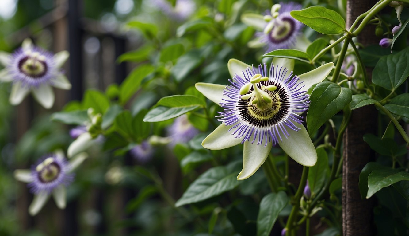 Lush green vines of passion flower winding around a trellis, delicate purple and white blooms in full bloom, surrounded by vibrant green leaves