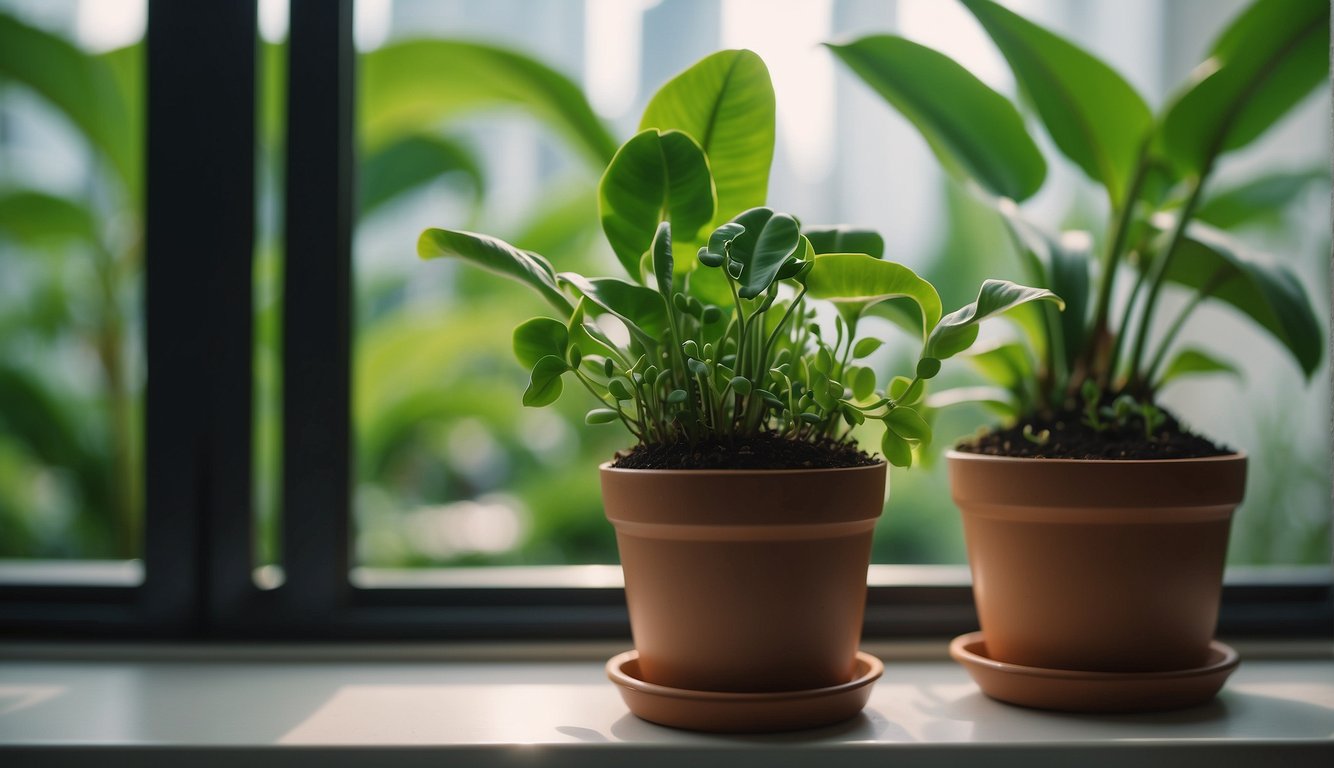 Lush green leaves sprout from a small pot on a windowsill.

A tiny banana plant thrives, surrounded by other tropical plants