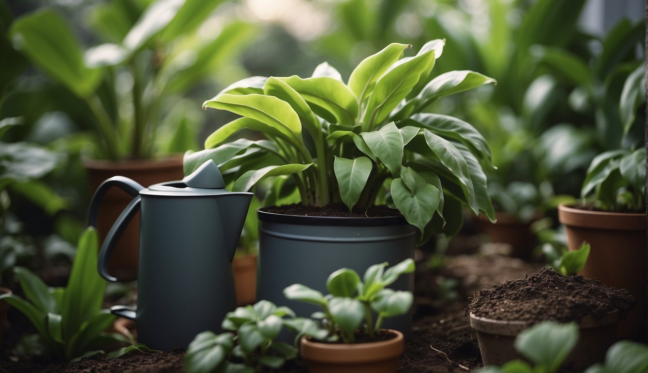 Lush green leaves surround a small pot of dwarf banana plants.

A watering can sits nearby, ready for use. The plants are thriving in their mini jungle at home