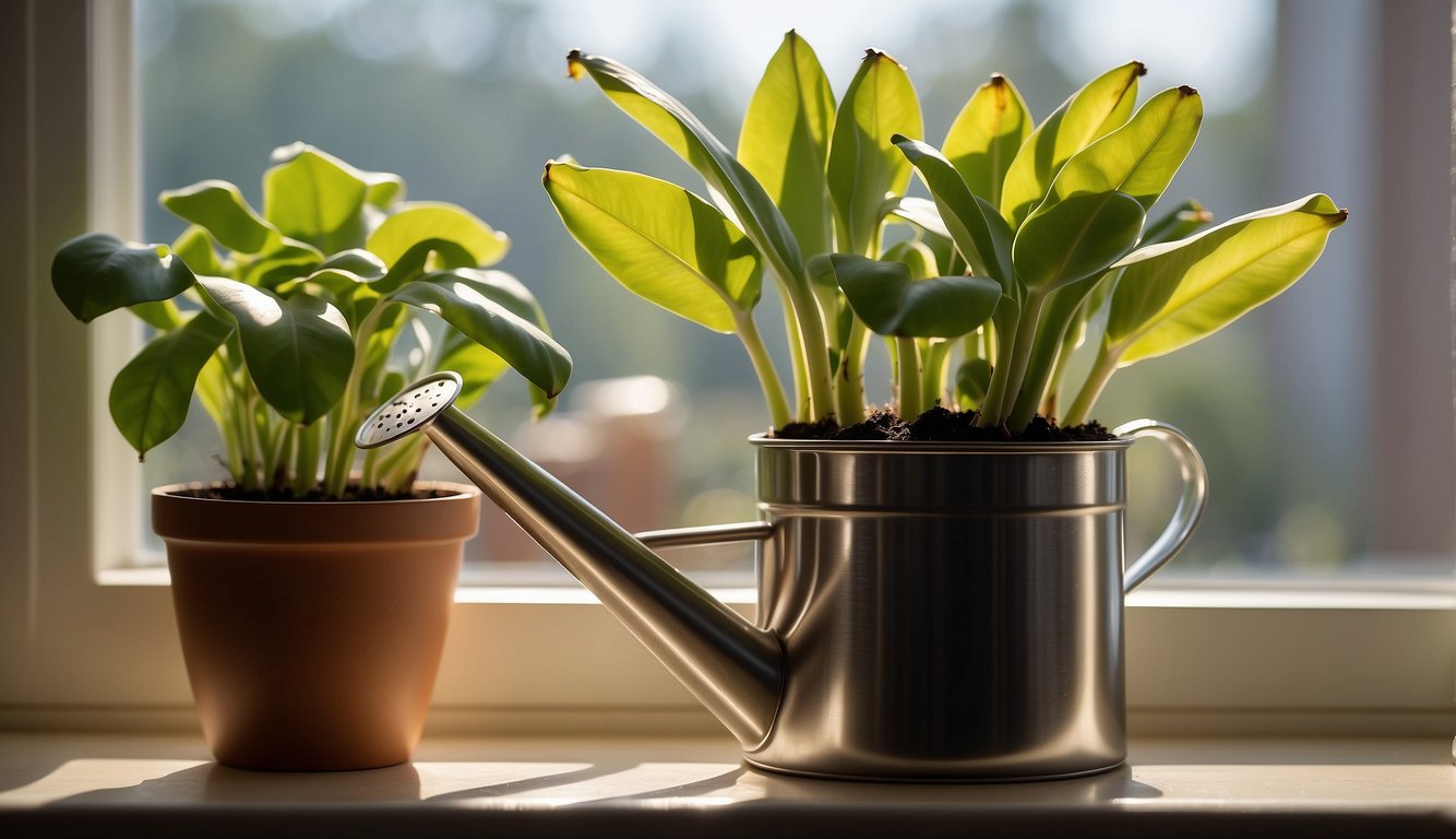 A small pot with soil, a dwarf banana plant, a pair of gardening gloves, and a watering can on a sunny windowsill