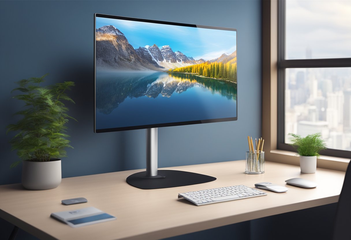 A sleek HDMI touch screen display stands on a clean, modern desk, with a vivid and crisp image displayed on the screen