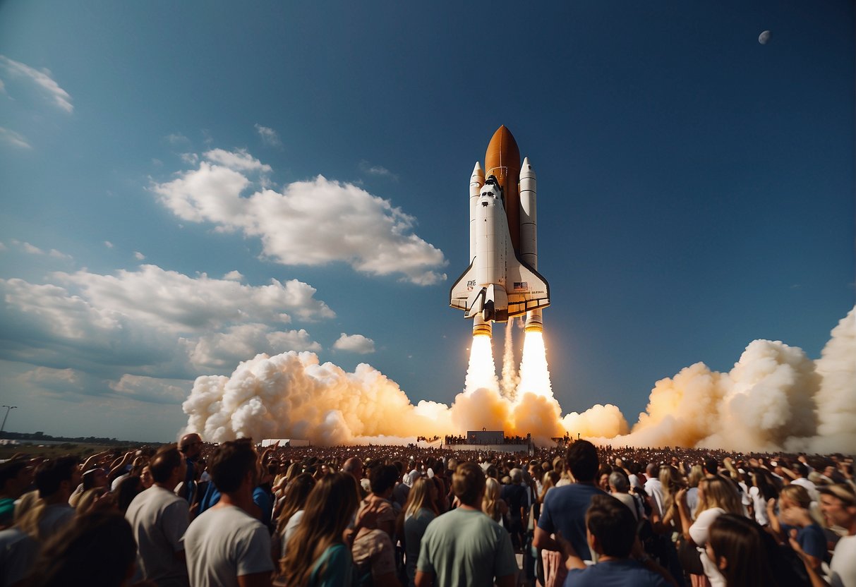 A space shuttle launches into the sky, surrounded by a crowd of excited onlookers. The shuttle is depicted as a symbol of hope and innovation, capturing the imagination of the public
