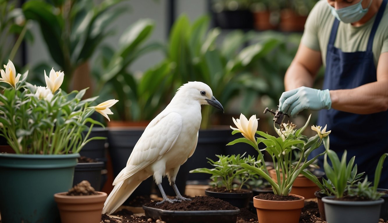 A gardener carefully repotting a tall White Bird of Paradise plant, surrounded by gardening tools and bags of soil