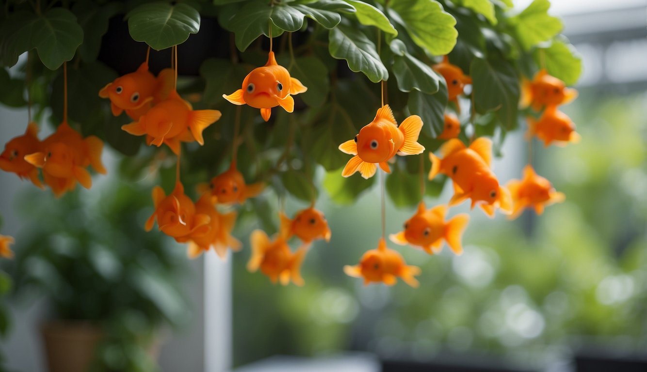 Lush green leaves cascade from a hanging basket, adorned with vibrant orange blooms resembling goldfish. Stems extend, revealing tiny new plantlets ready for propagation