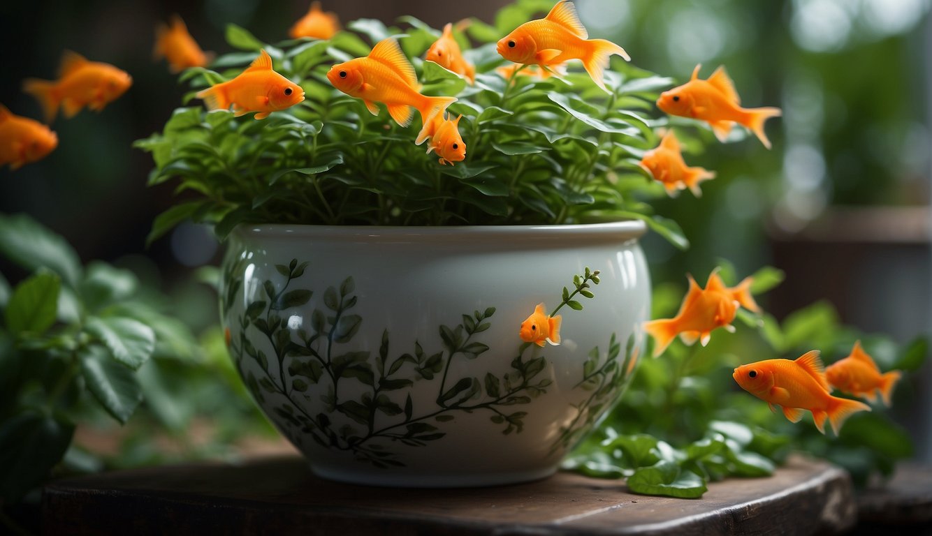 Lush green leaves spill over the edge of a ceramic pot, vibrant orange flowers resembling goldfish swimming in a sea of foliage