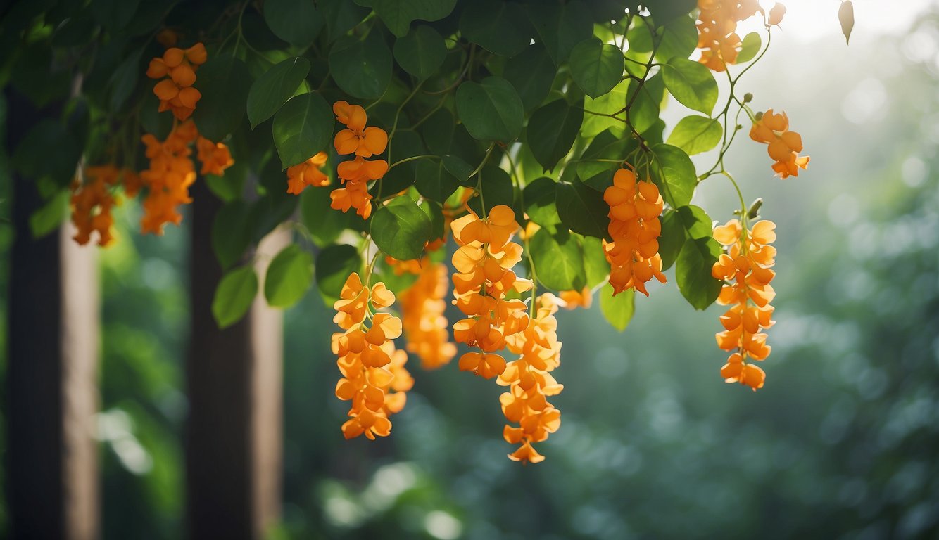 Lush green leaves surround a cluster of delicate, trailing vines. Bright orange, lantern-shaped flowers dangle from the stems, creating a mesmerizing underwater garden