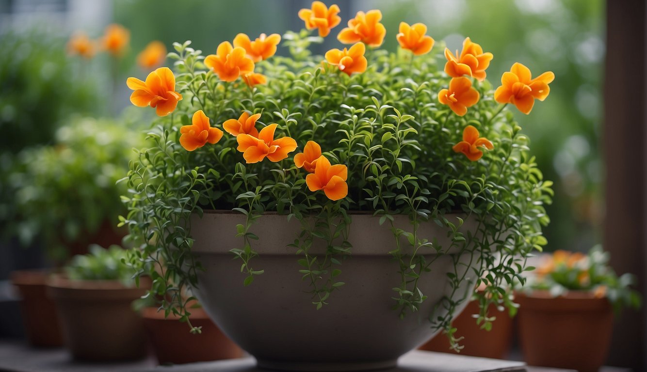 A goldfish plant sits in a hanging pot, surrounded by lush green foliage. Bright orange flowers bloom from its cascading stems, adding a pop of color to the scene