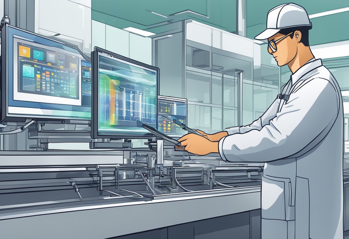 A technician assembles 10.1-inch capacitive touch screens with precision tools and machines in a clean, well-lit manufacturing facility