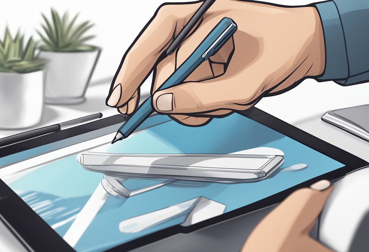 A hand holding a sleek stylus, gliding effortlessly across a tablet screen with precision and accuracy