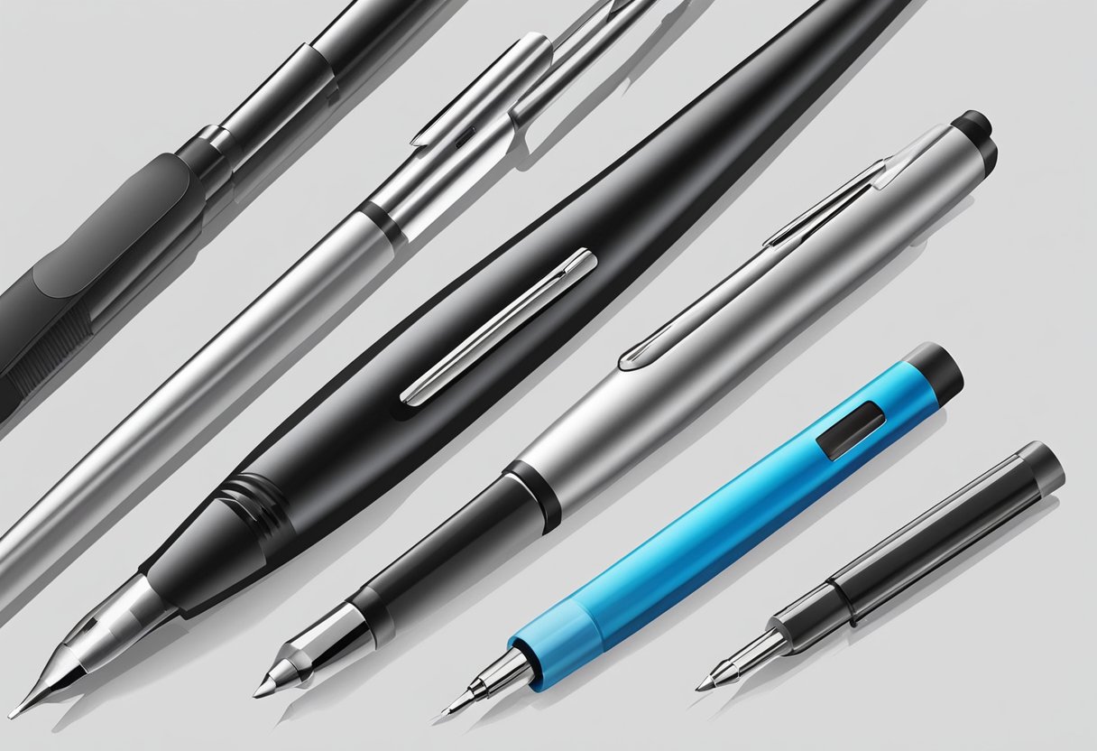 A variety of styluses are displayed on a table, including fine-tip, disc, and brush styluses, all designed for use with capacitive touch screens