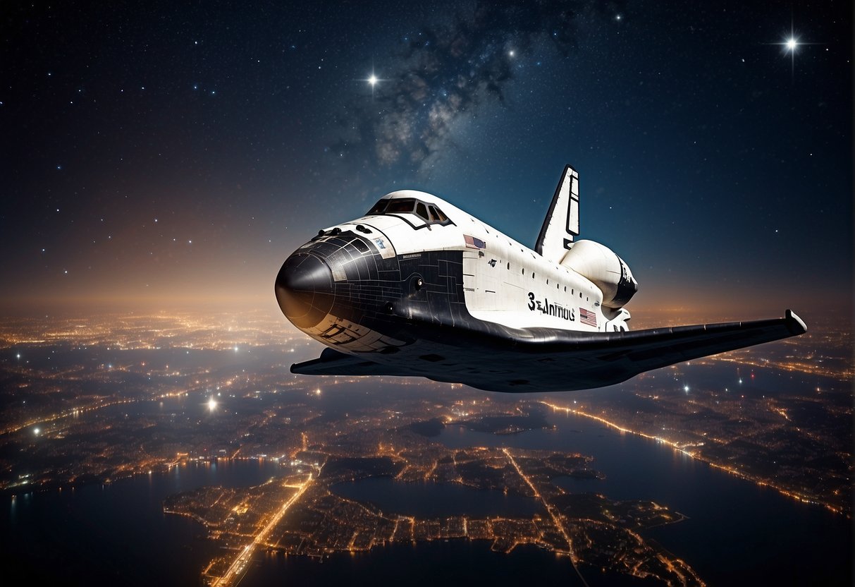 The Space Shuttle soaring through a starry sky, with a backdrop of iconic landmarks and symbols of innovation and hope