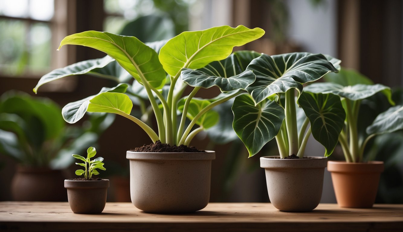 Alocasia 'Polly' plant on a wooden table with a healthy mother plant, soil, and a small pot ready for propagation