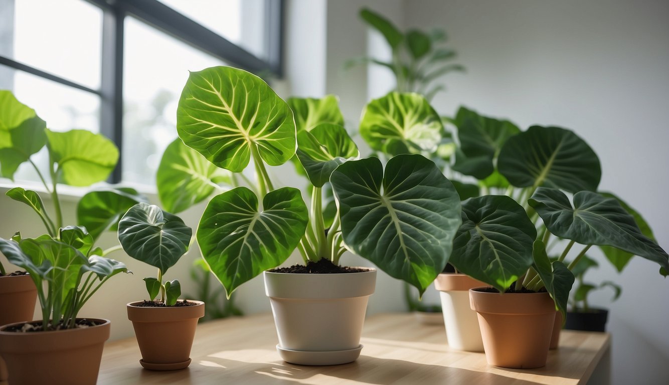 Alocasia 'Polly' plant in a bright, airy room. A mature plant surrounded by smaller offshoots in pots. Pruned stems and a propagation tray with water and rooting hormone